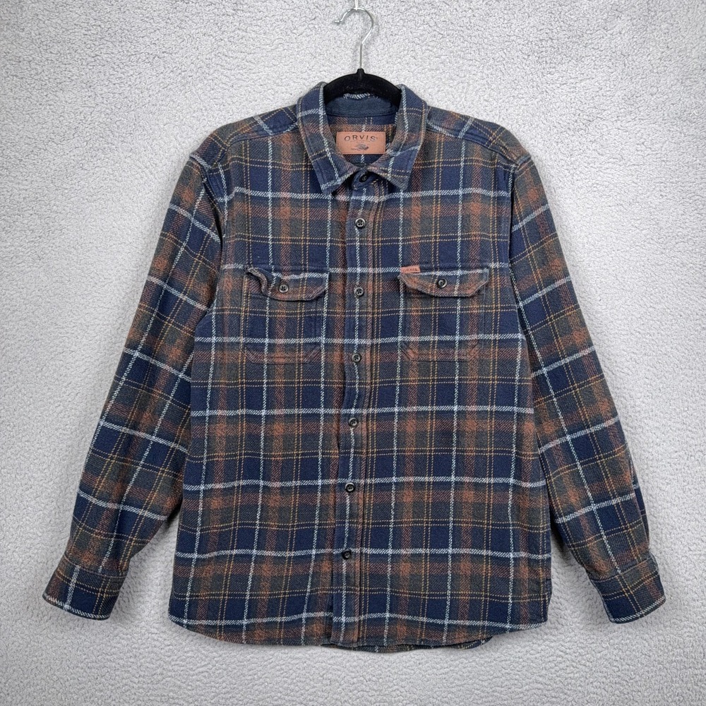 Orvis Shirt Mens L Blue Brown Plaid Flannel Button Up Rugged Outdoor Heavy Thick